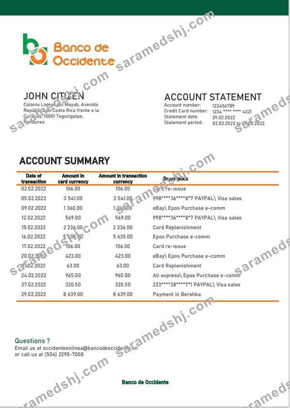 Honduras Banco de Occidente Bank statement template in Word and PDF format